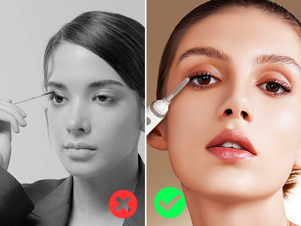 Side-by-side comparison images showing makeup application technique with red 'x' and green checkmark indicators for correct method.