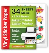 Text reads '34 SHEETS +2 Gift Sheets Inkjet Printer Laser Printer' on red and white vinyl sticker paper package with fruit icons. Product features listed include 'Excellent Adhesion, Water Resistant, Smudge Proof'.