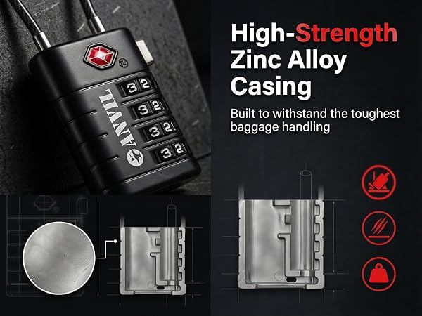 ANVIL TSA luggage lock with high-strength zinc alloy body built for tough baggage handling.