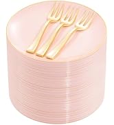 Festiva 200Pcs Pink Gold Cake Plates 6.3" with Forks 5"- Disposable Salad Plates-Pink Dessert Pla...