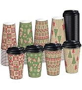 RUSPEPA Disposable Paper Coffee Cups with Lids 16 oz - 48 Pack Red and Green Design Printed Paper...