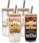 ANOTION Iced Coffee Cup, Mason Jar with Lid and Straw 24oz Wide Mouth Boba Cup Reusable Drinking ...