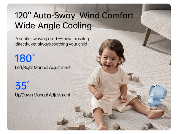 Text reads '120° Auto-Sway Wind Comfort', 'Wide-Angle Cooling', '180° Upsiding Manual Adjustment', '35° UpDown Manual Adjustment'. Baby sitting with fan showing adjustable angles and wind comfort features demonstrated.