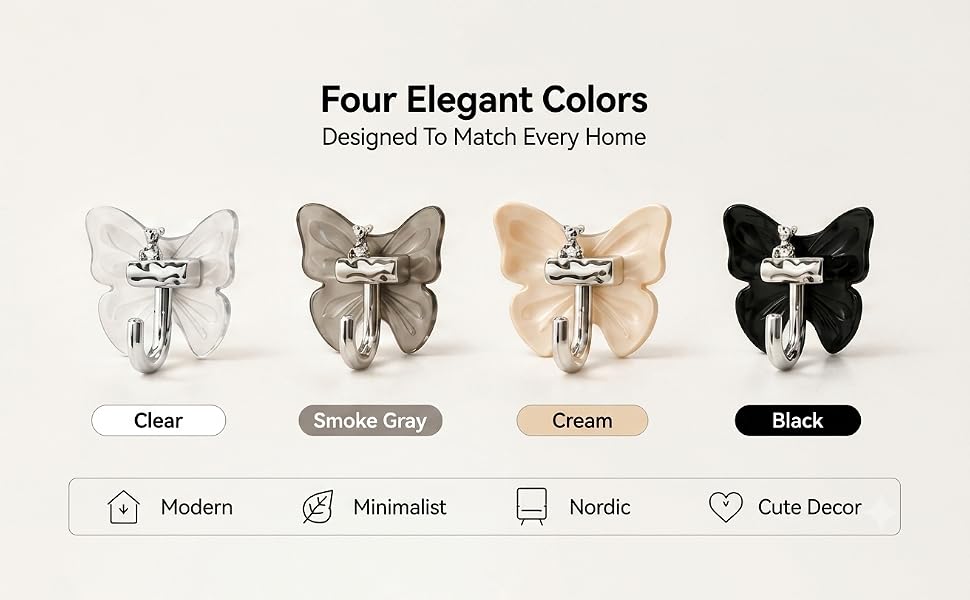 Four color options of decorative butterfly adhesive wall hooks