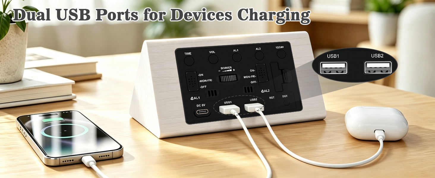 clock with usb charging ports