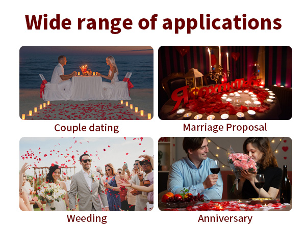 Four-panel image showing romantic settings: candlelit dinner setups and celebration scenes labeled for couple dating, marriage proposal, wedding, and anniversary.