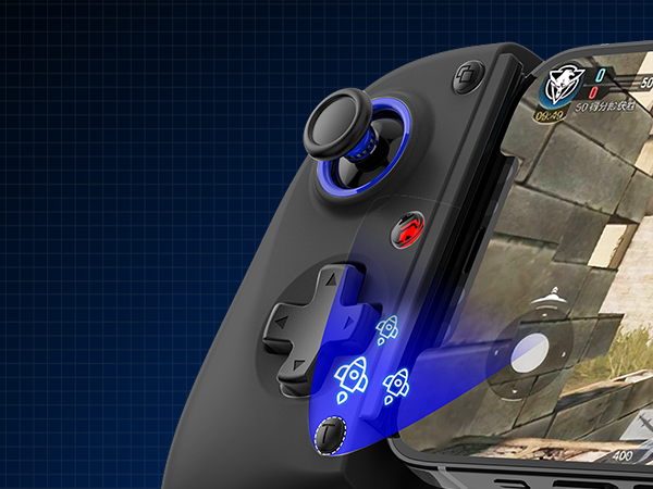 Black gaming controller with blue LED lights, joysticks, and buttons, photographed against dark blue background showing illuminated gaming console features.