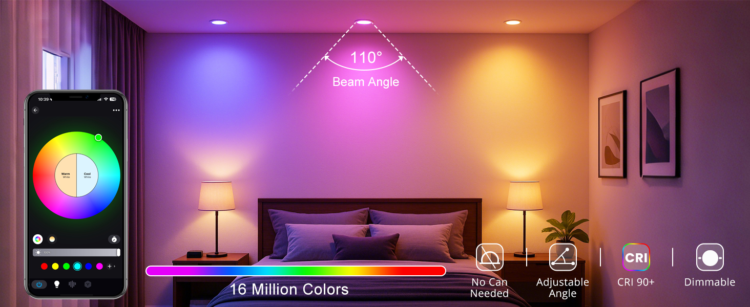 RGB LED Recessed Lighting with over 16 million colors, Dimmable white (2700K to 6500K) for choice