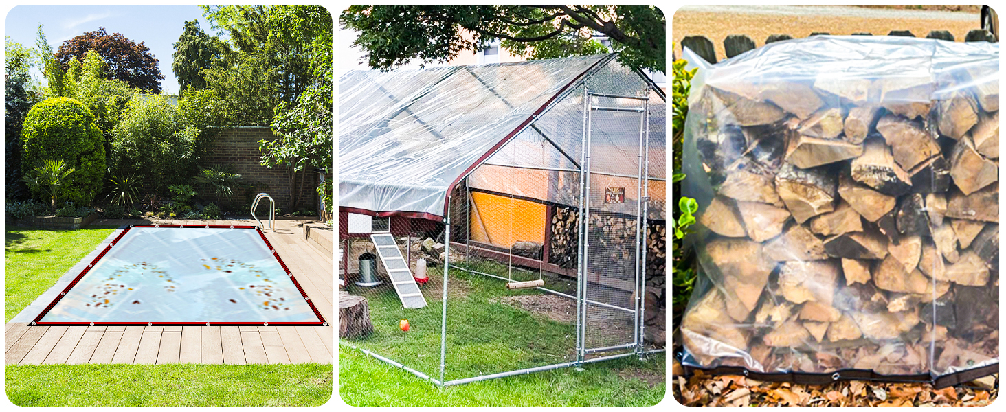 Composite of three images: backyard with in-ground pool, metal frame greenhouse structure, and clear plastic bag filled with firewood logs.