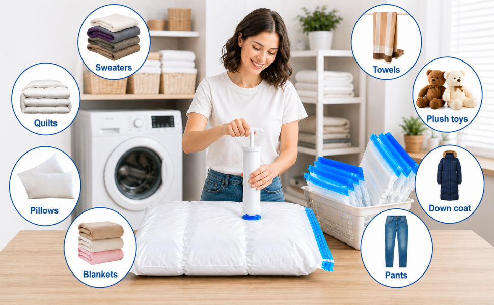 Family using a vacuum storage bag pump to seal clothes and pillows for airtight home organization.