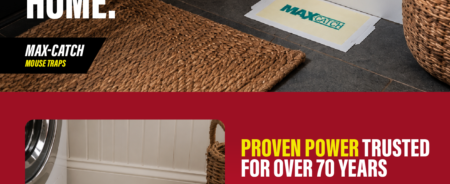 Max-Catch mouse trap graphic highlighting proven power trusted for over 70 years