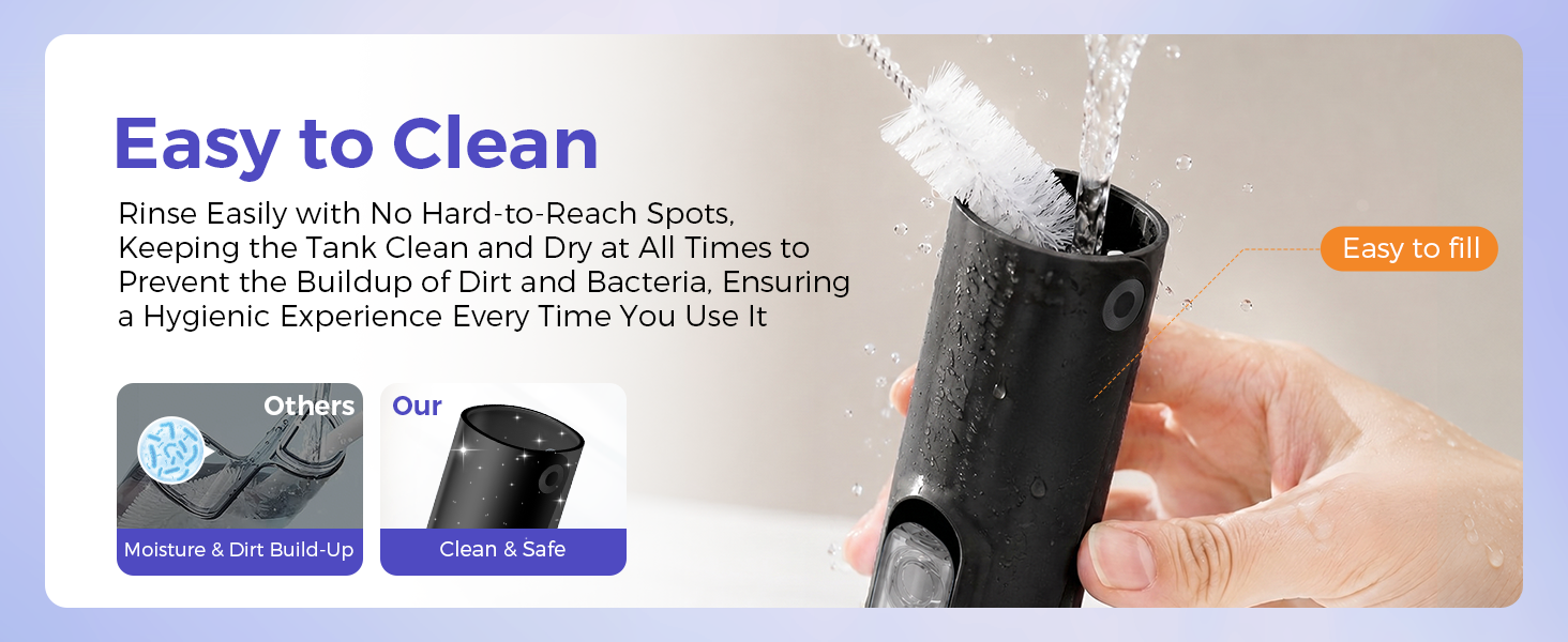 Text reads: 'Easy to Clean', 'Rinse daily with hot water or bleach. Towel dry after rinse. Prevents the buildup of dirt and Bacteria. Ensuring Long-lasting Freshness'. Product demonstration showing hands rinsing dark-colored brush or applicator under running water.