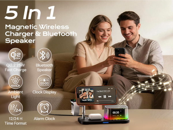 5 in 1 charging station with bluetooth speaker and alarm clock