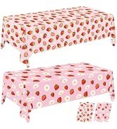 LINHAXM 4 Pack Strawberry Tablecloths Berry Sweet Plastic Table Cover for Birthday Decorations St...
