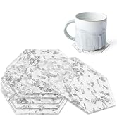 6Pcs Silver Foil Acrylic Cup Coaster, Transparent Hexagon Acrylic Aesthetic Coasters with Holder,...