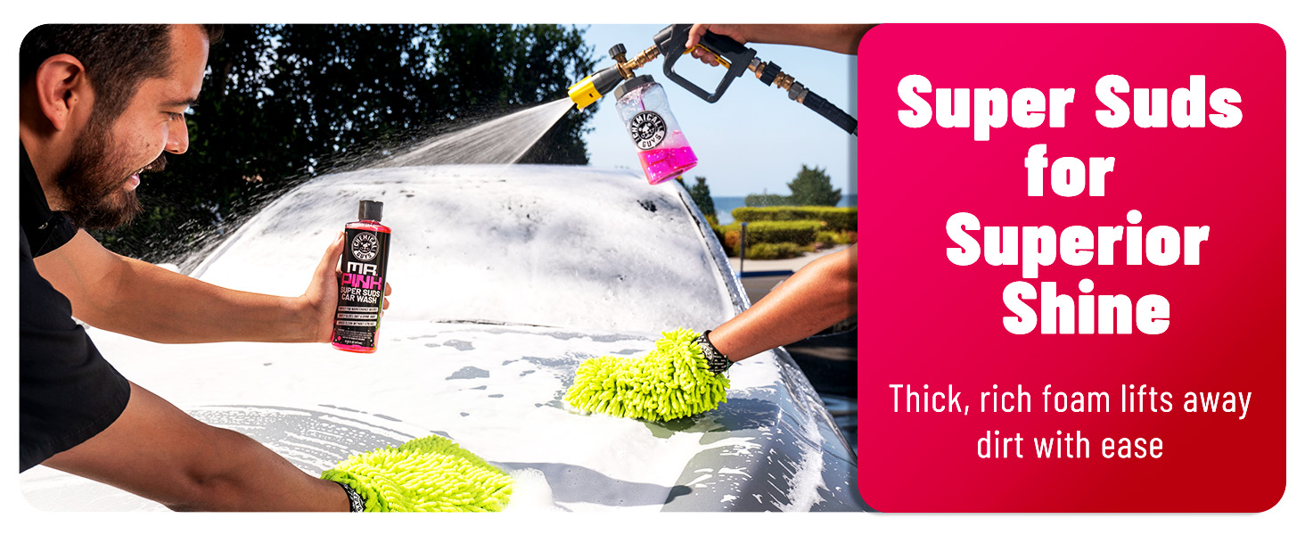 Thick foam car wash soap for cars, trucks, and SUVs; pH balanced formula for a swirl-free shine