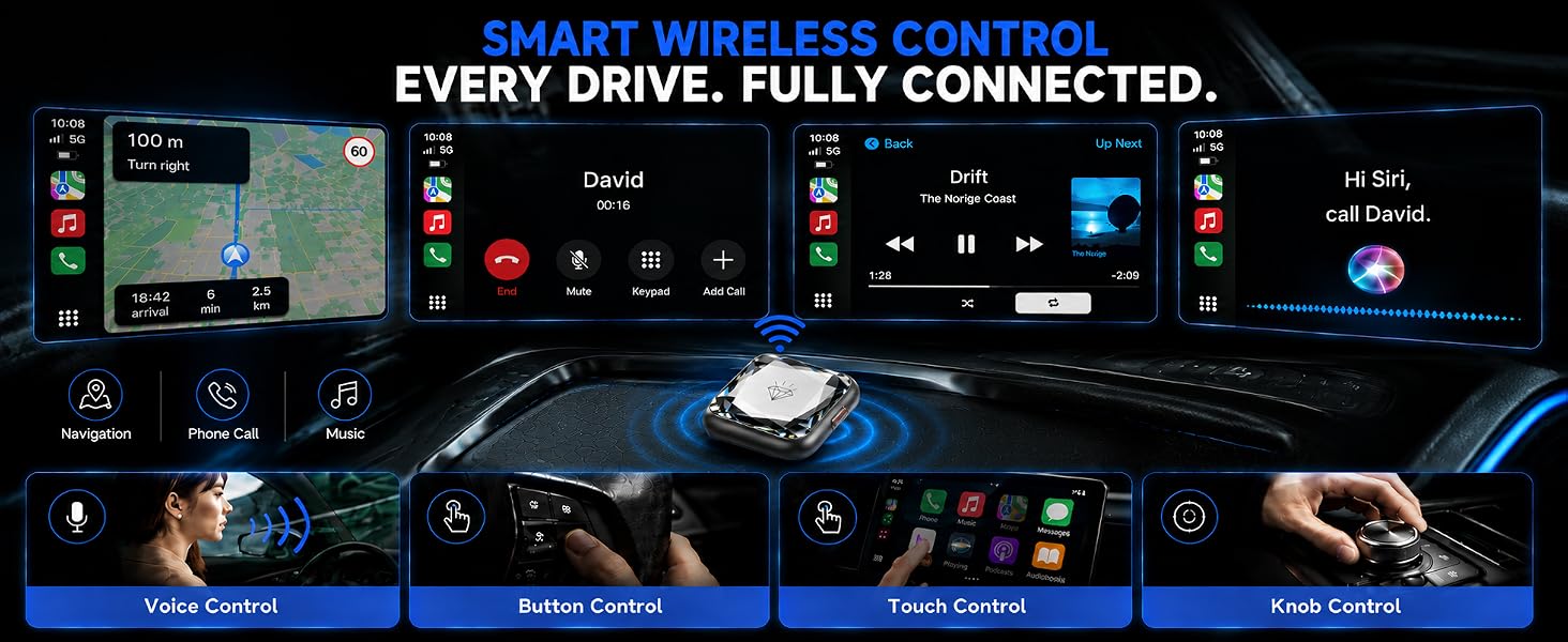 Wireless CarPlay Adapter for iPhone, Android Auto Adapter, One Click Switch | 5GHz WiFi Bluetooth