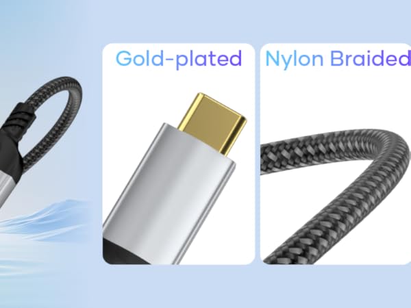 USB cable with braided nylon cord and aluminum alloy connectors, featuring gold-plated contacts and multiple product detail views.