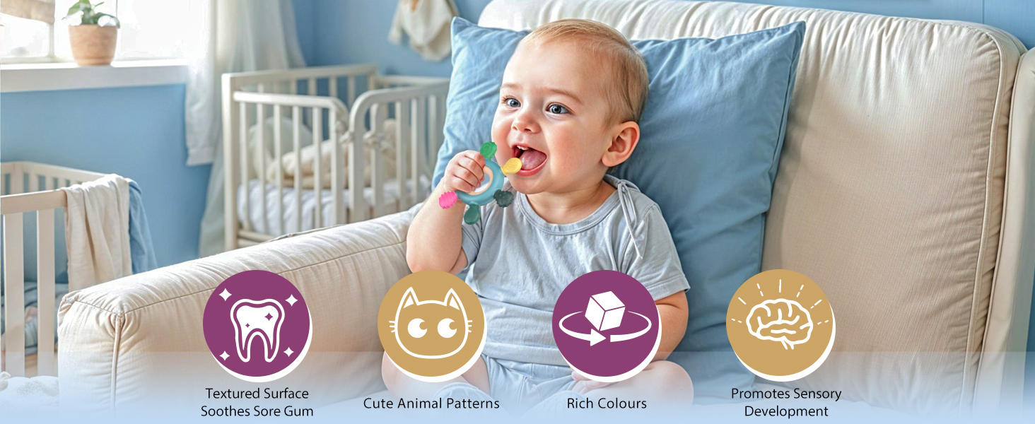 Baby on couch using colorful teething toy. Four circular icons below show tooth, cat, witch hat, and brain, representing product features or benefits.