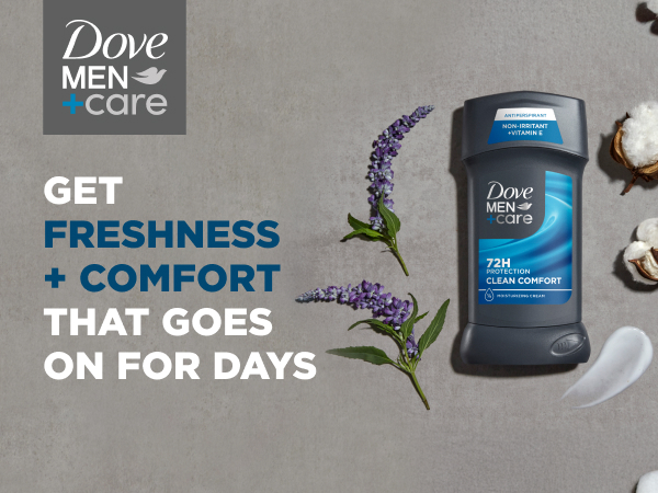 Image of Dove Men+Care Clean Comfort Deodorant Stick between cotton, lavender and next to titles.