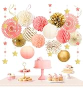 AOBKIAT Pink Gold Party Decorations Kit-Tissue Paper Pom Poms,Lanterns,Fans Flowers,Star Garlands...