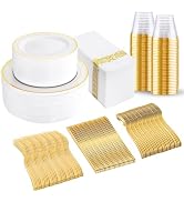 BUCLA 350PCS Gold Plastic Dinnerware Set - Gold Plastic Plates Disposable for 50 Guests Include 5...
