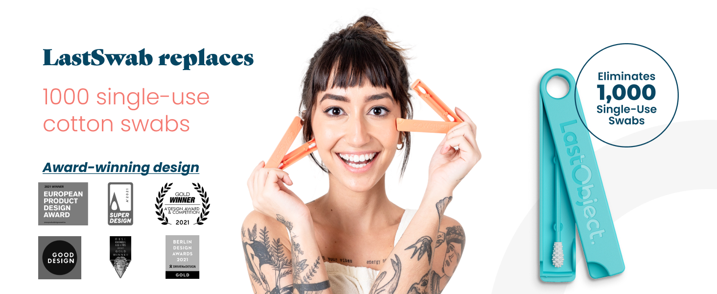 Woman holding two open orange LastSwab cases with award badges and a teal LastSwab.