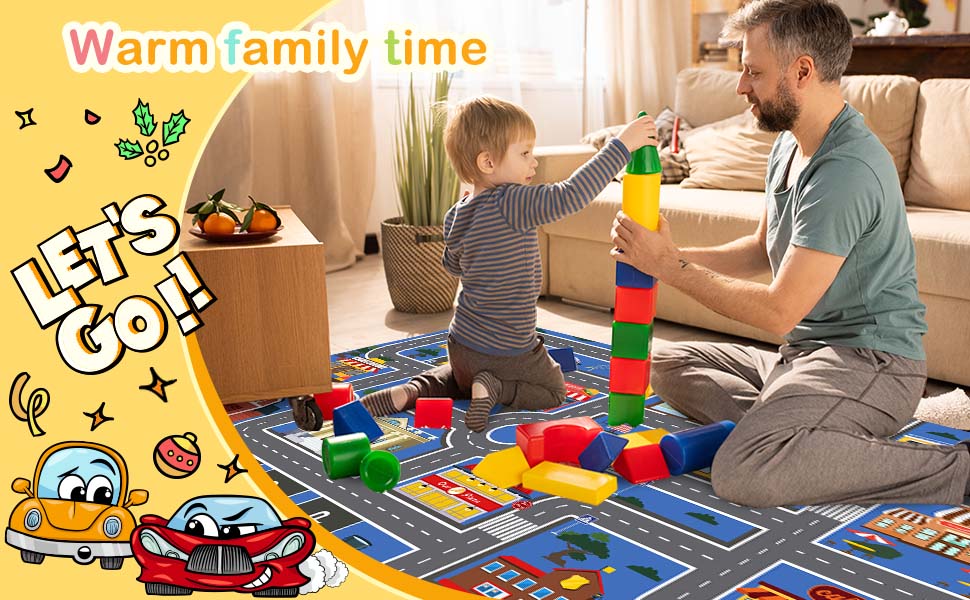 Dad and his son playing with building blocks on the play rugs for kids playroom
