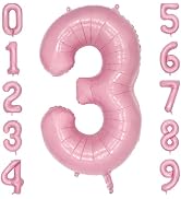 PatiCool 40 Inch Pink Number Balloon 3, Large Number Foil Balloons Mylar for Girl Boy Birthday Pa...