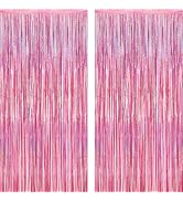 2 Pack Glitter Pink Backdrop, 3.28 FT x 7.05 FT Birthday Party Decorations, Laser Pink Fringe Cur...