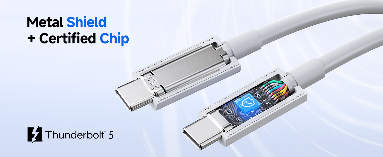 Text reads 'Metal Shield + Certified Chip' and 'Thunderbolt 5'. Technical diagram showing internal components of a cable connector with metal shielding and chip placement.