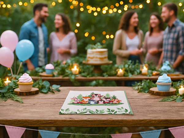 Group enjoying food and drinks with toile paper napkins at a festive table.