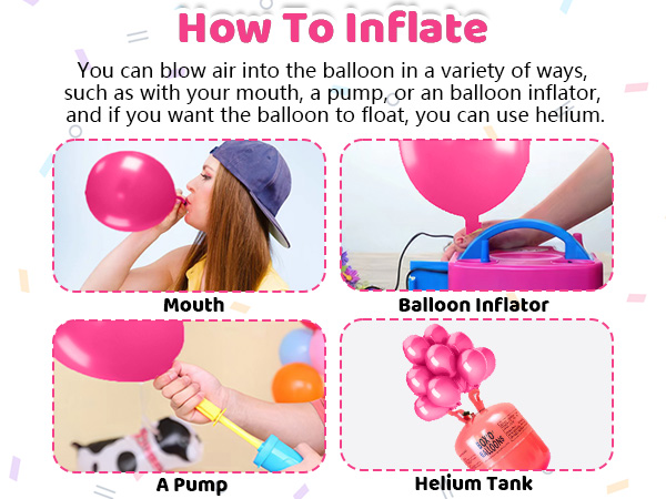 Instructional diagram showing four methods to inflate balloons: mouth, balloon inflator, pump, and helium tank, with pink text and illustrations.