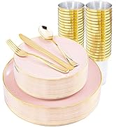 LIYH 180pcs Pink Plastic Plates & Gold Plastic Dinnerware Set-Include 30 Dinner Plates,30 Pink De...