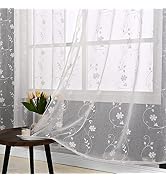 YoungsTex Embroidered Semi Sheer Curtains with Floral 84 Inches Length Grommet White Faux Linen S...