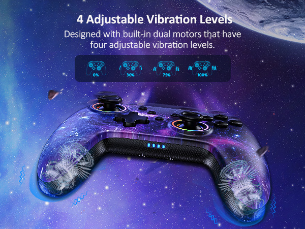 The wireless controller has built-in dual motors with four adjustable vibration levels.