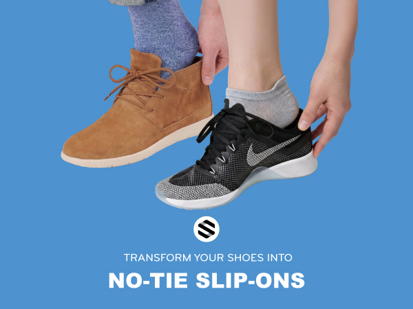 No tie elastic shoelaces transform laced shoes into easy slip-ons with stretch laces.