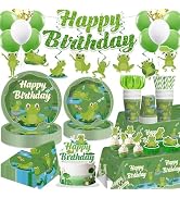 wellspar 205pcs Frog Birthday Decorations Complete Tableware Set, for 25 Guests, Green Frog Party...