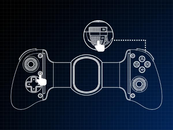 Technical schematic diagram on dark blue background showing wireless game controller with connected smartphone device, illustrated in white outline style.