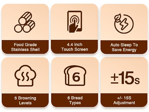 Toaster features: 4.4inch touchscreen, stainless shell, 6 bread types, browning levels, auto sleep.