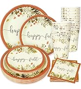 Whaline 96 Pcs Fall Tableware Set for 24 Guests Rustic Autumn Leaves Paper Plates Napkins Cups Ha...