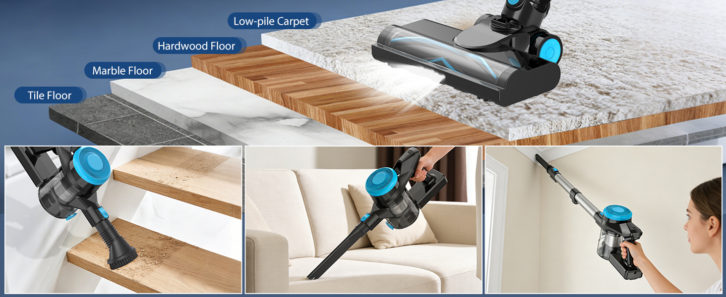 Versatile vacuum for hardwood floor low pile carpet stairs and ceiling corners dusting