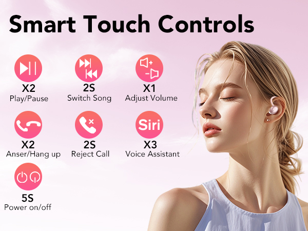 Text reads 'Smart Touch Controls' with icons showing: X2 Play/Pause, 2S Switch Song, X1 Adjust Volume, X2 Answer/Hang up, 2S Reject Call, X3 Voice Assistant, 5S Power on/off. Woman wearing white tank top shown in profile.