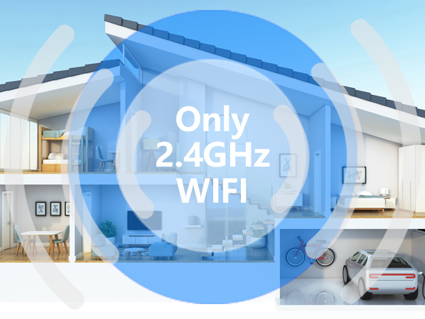 Overlay of a blue circular WiFi symbol with '2.4GHz WIFI Only' text on a blurred background image of a house exterior and driveway.
