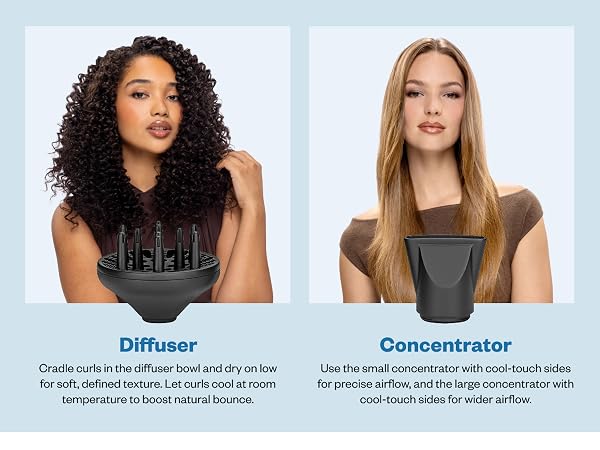 Two portraits compare diffuser-defined curls with concentrator-targeted smoothing.