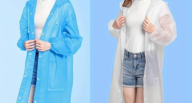 Long transparent raincoats shown in blue and clear versions against blue background, featuring full-length design with button closures.