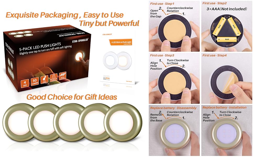 Tap Light, Push Light, STAR-SPANGLED, 4 LED Touch Light, Night Lights, Stick-on Anywhere,Warm White
