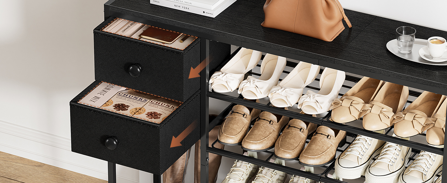 5-Tier Shoe Rack with 2 Fabric Drawers, Metal Frame and Wooden Board Shoe Organizer for 16-20 Pairs