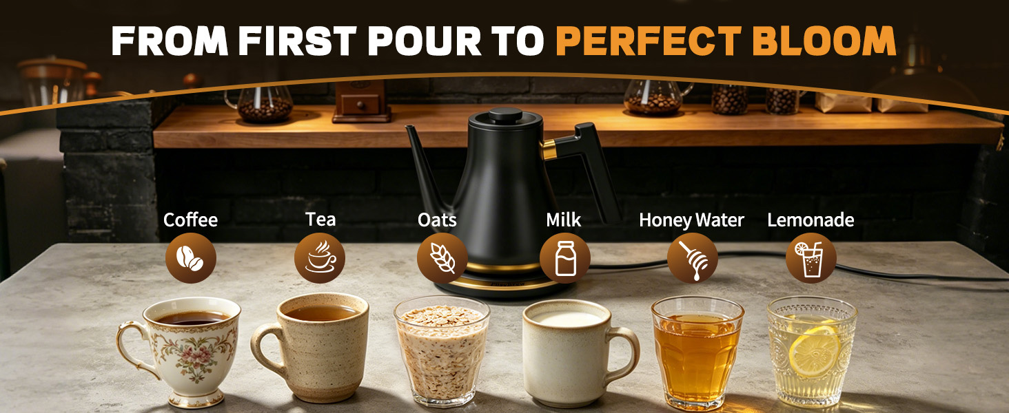 Matte black electric pour over kettle serving coffee tea oats milk honey water on breakfast table