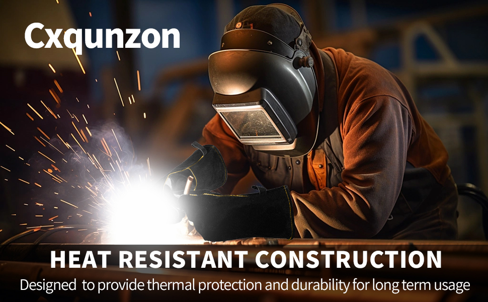 Text reads 'Cxgunzon' and 'HEAT RESISTANT CONSTRUCTION'. Welder in protective gear performing welding work with bright sparks, emphasizing industrial heat-resistant product durability.